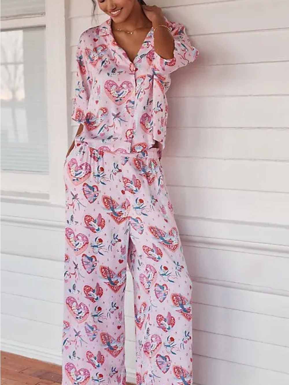 NWOT ANTHROPOLOGIE PRINTFRESH Swooning Sparrows Bird Pink Heart-Print Pajama Set